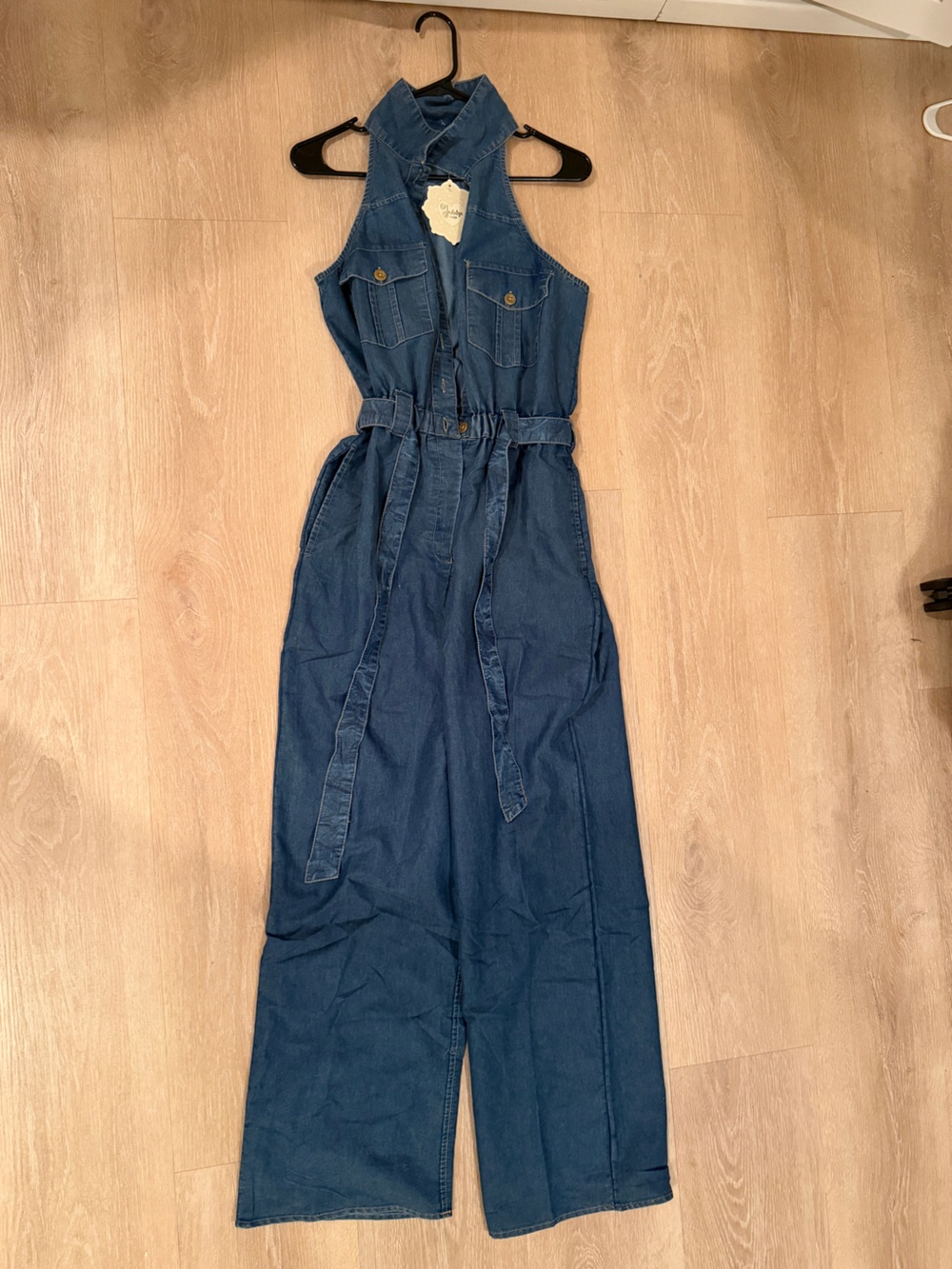 Women's High-Waist Dark Blue Denim one piece  with Tie Belt